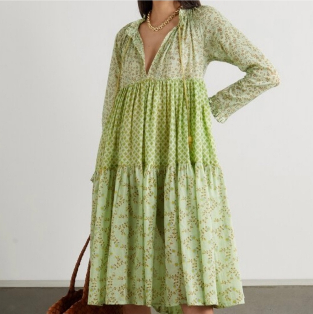 Yvonne S RS/22 Handmade Boho Tassel Tiered Double Super Mini Green Dress XS